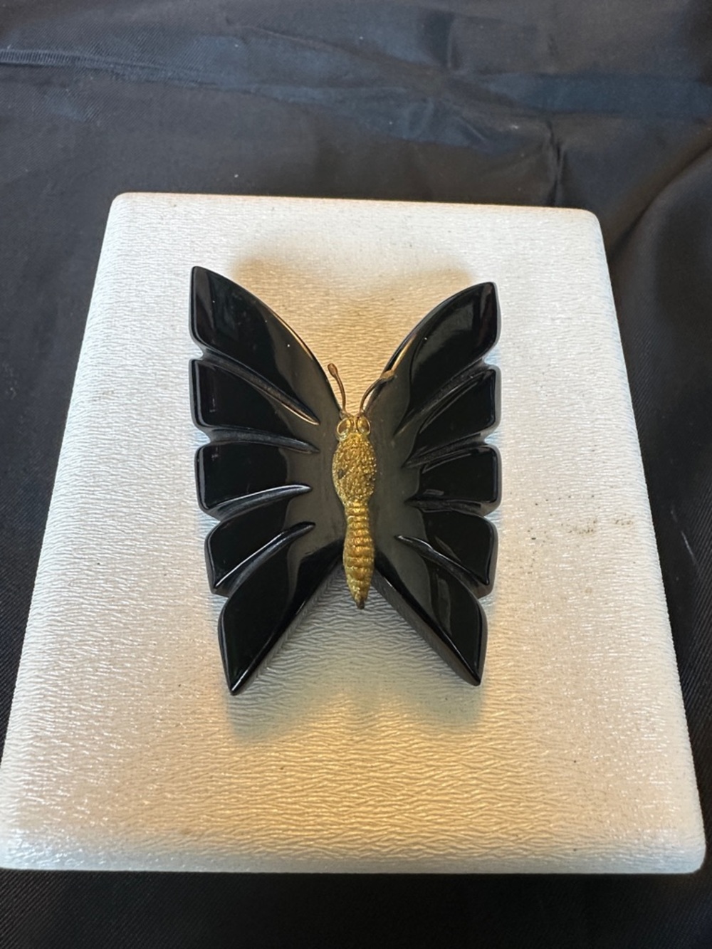 Vintage 1940s Carved Black Bakelite Butterfly Brooch Gold Tone